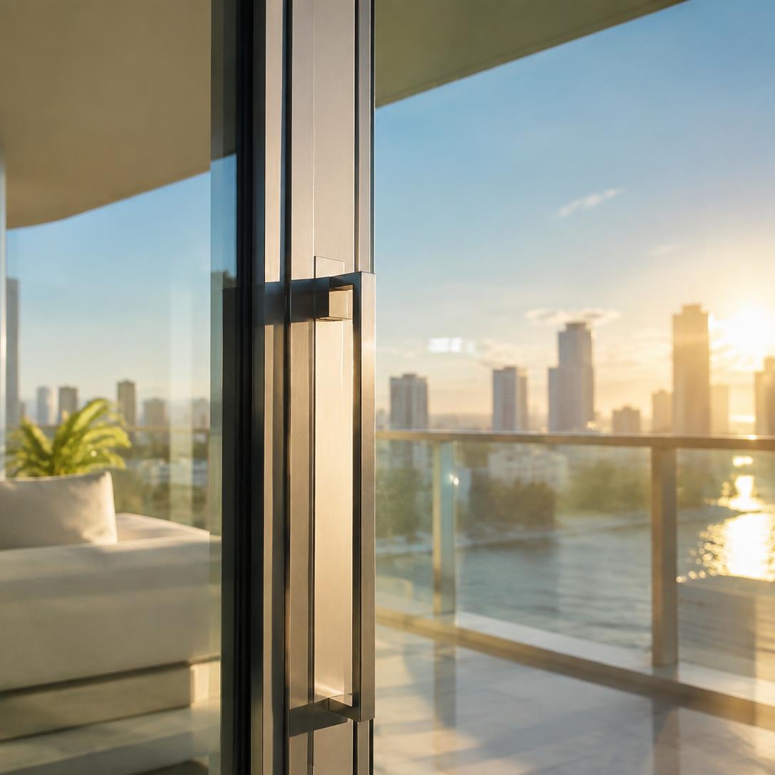 Streak-free glass door catching morning light in a high-rise