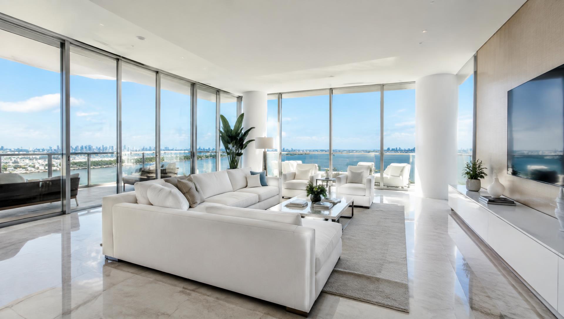 Sunlit high-rise living room with gleaming glass doors and polished floors